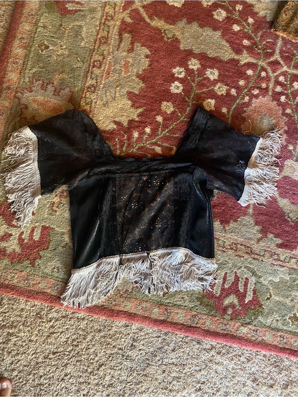 Black Fringe Lace Off-Shoulder in Women's Top